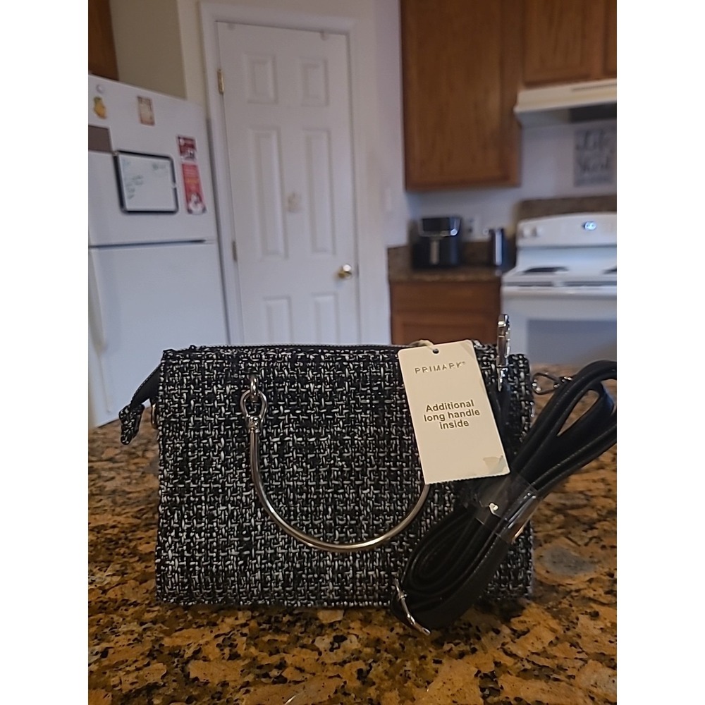 PRIMARK WOMENS BLACK BOUCLE CROSSBODY MINI TOTE BAG